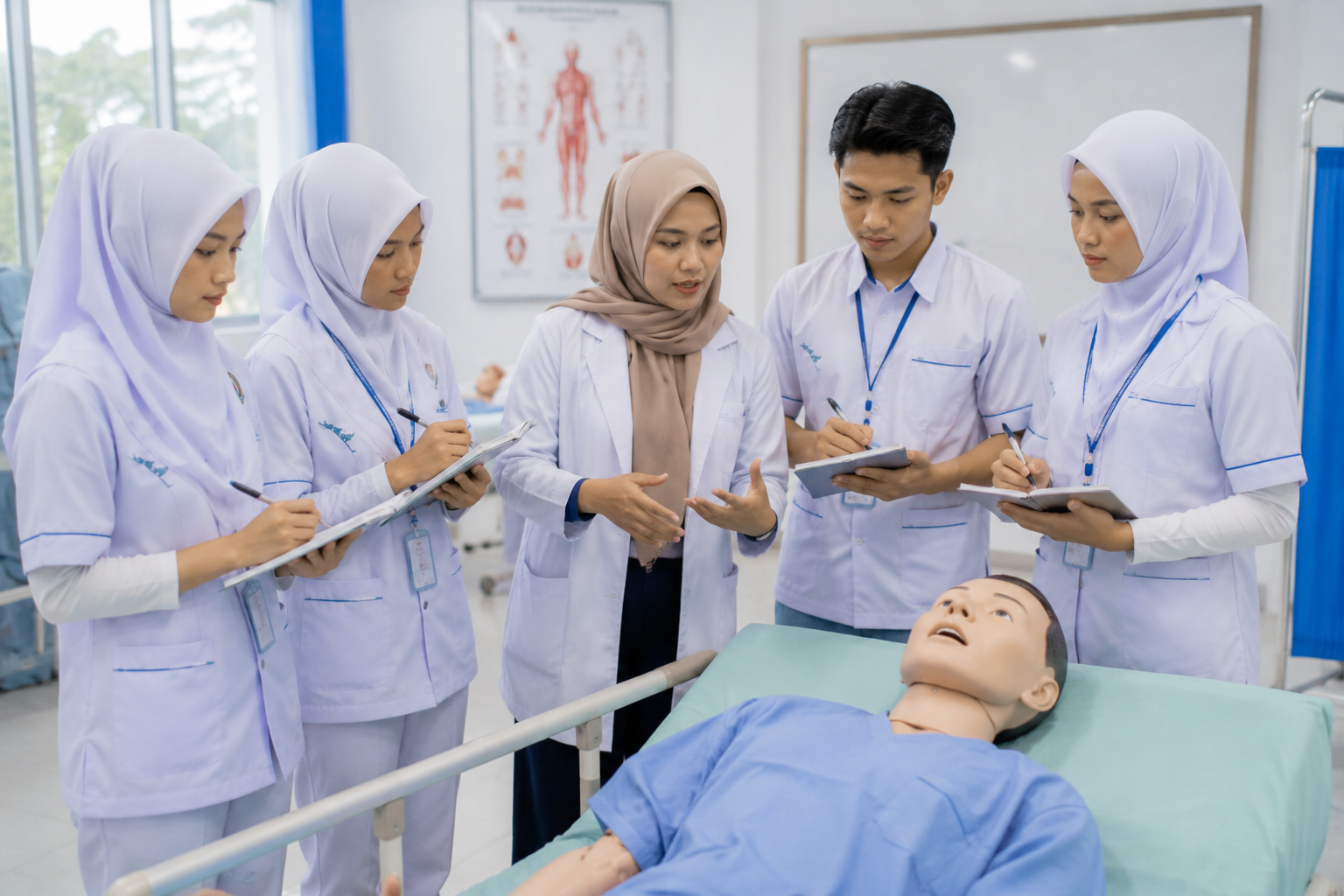 Mahasiswa STIKES Istara berdiskusi mengenai clinical reasoning di laboratorium keterampilan klinis bersama dosen pembimbing