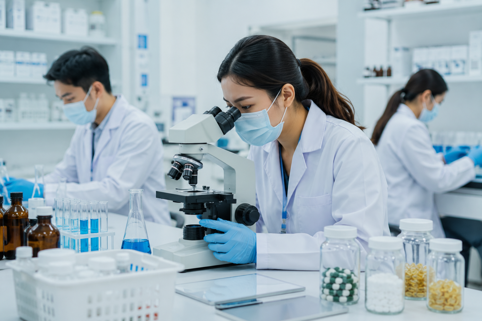 Mahasiswa program studi farmasi melakukan praktikum di laboratorium modern
