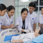 Program Studi Berbasis Praktik Klinik dengan mahasiswa kesehatan sedang melakukan simulasi pemeriksaan pasien di laboratorium klinik modern