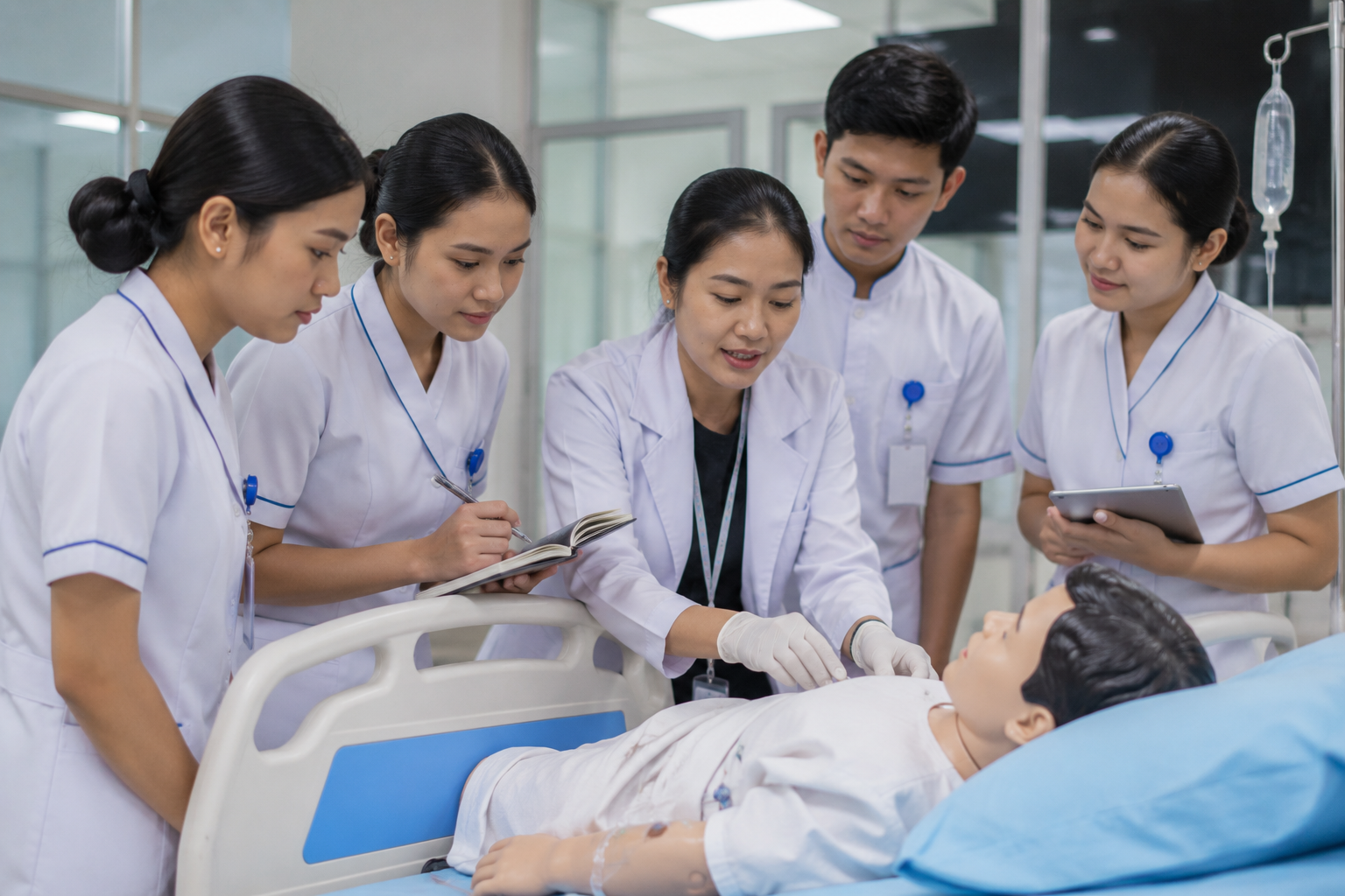 Program Studi Berbasis Praktik Klinik dengan mahasiswa kesehatan sedang melakukan simulasi pemeriksaan pasien di laboratorium klinik modern