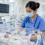 Program Studi Keperawatan dengan mahasiswa yang sedang berlatih simulasi perawatan bayi di laboratorium NICU menggunakan inkubator modern.