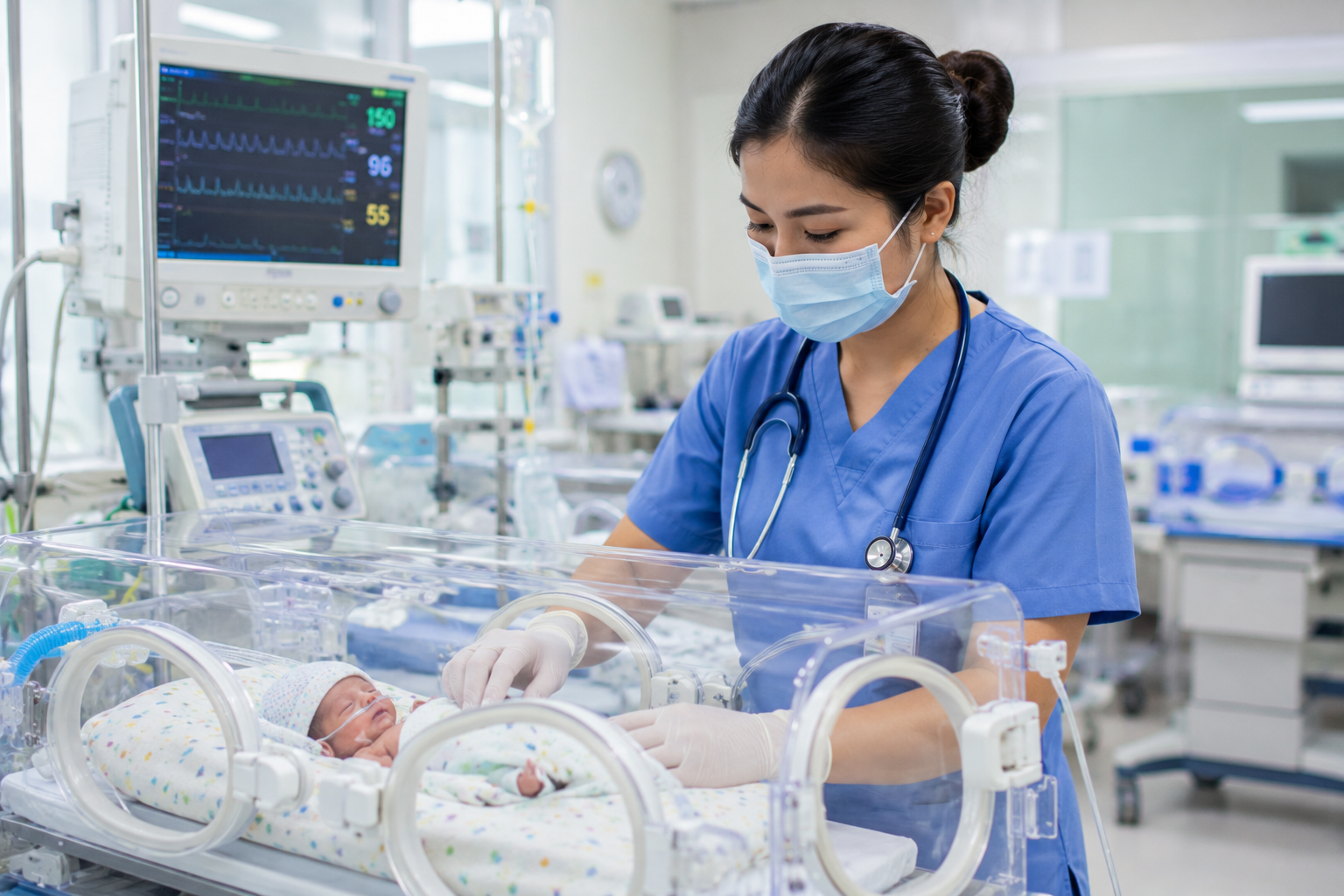 Program Studi Keperawatan dengan mahasiswa yang sedang berlatih simulasi perawatan bayi di laboratorium NICU menggunakan inkubator modern.