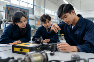 Mahasiswa program studi kesehatan mengikuti praktikum di laboratorium modern menggunakan peralatan medis dan didampingi dosen