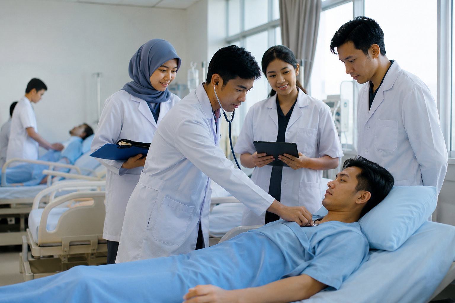 Mahasiswa kesehatan menjalani praktik klinik di rumah sakit mitra bersama dosen pembimbing dan tenaga kesehatan profesional.