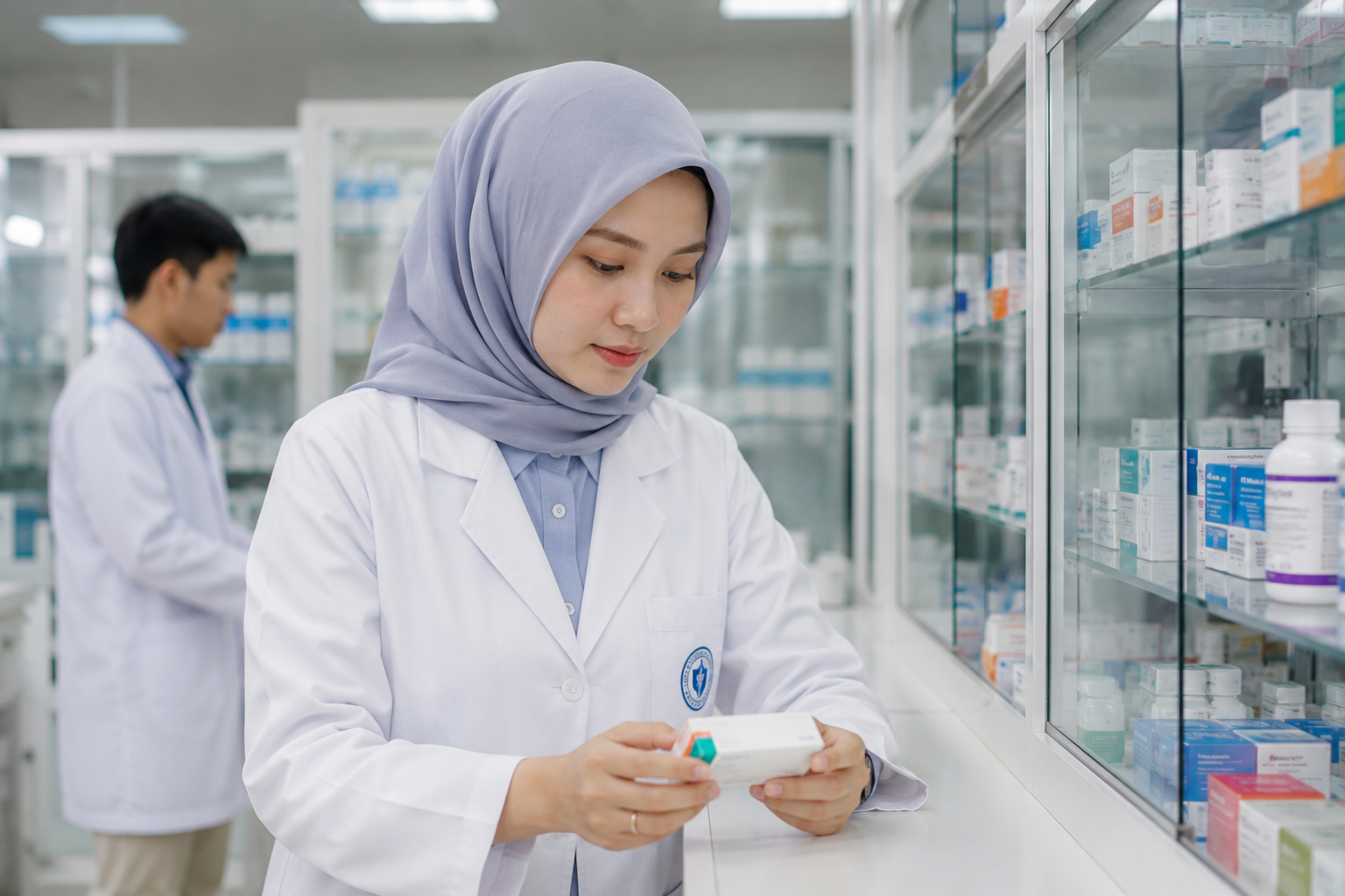 Mahasiswa Program Studi Farmasi sedang melakukan praktikum di laboratorium farmasi modern.