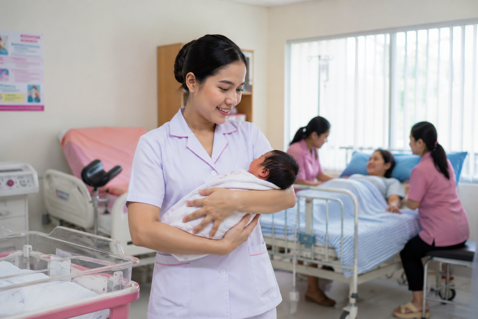 Lulusan Kebidanan Kerja Apa dengan seorang bidan yang sedang memberikan pelayanan kesehatan ibu dan bayi di fasilitas kesehatan modern.
