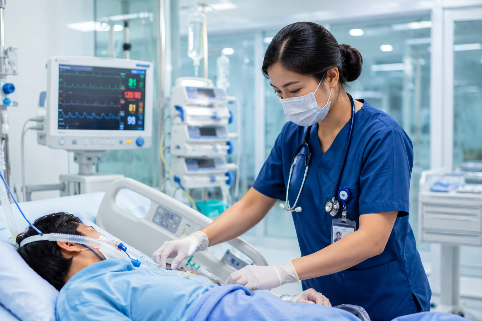 Program Studi Keperawatan dengan mahasiswa keperawatan yang sedang melakukan simulasi penanganan pasien ICU di laboratorium keterampilan klinik modern.