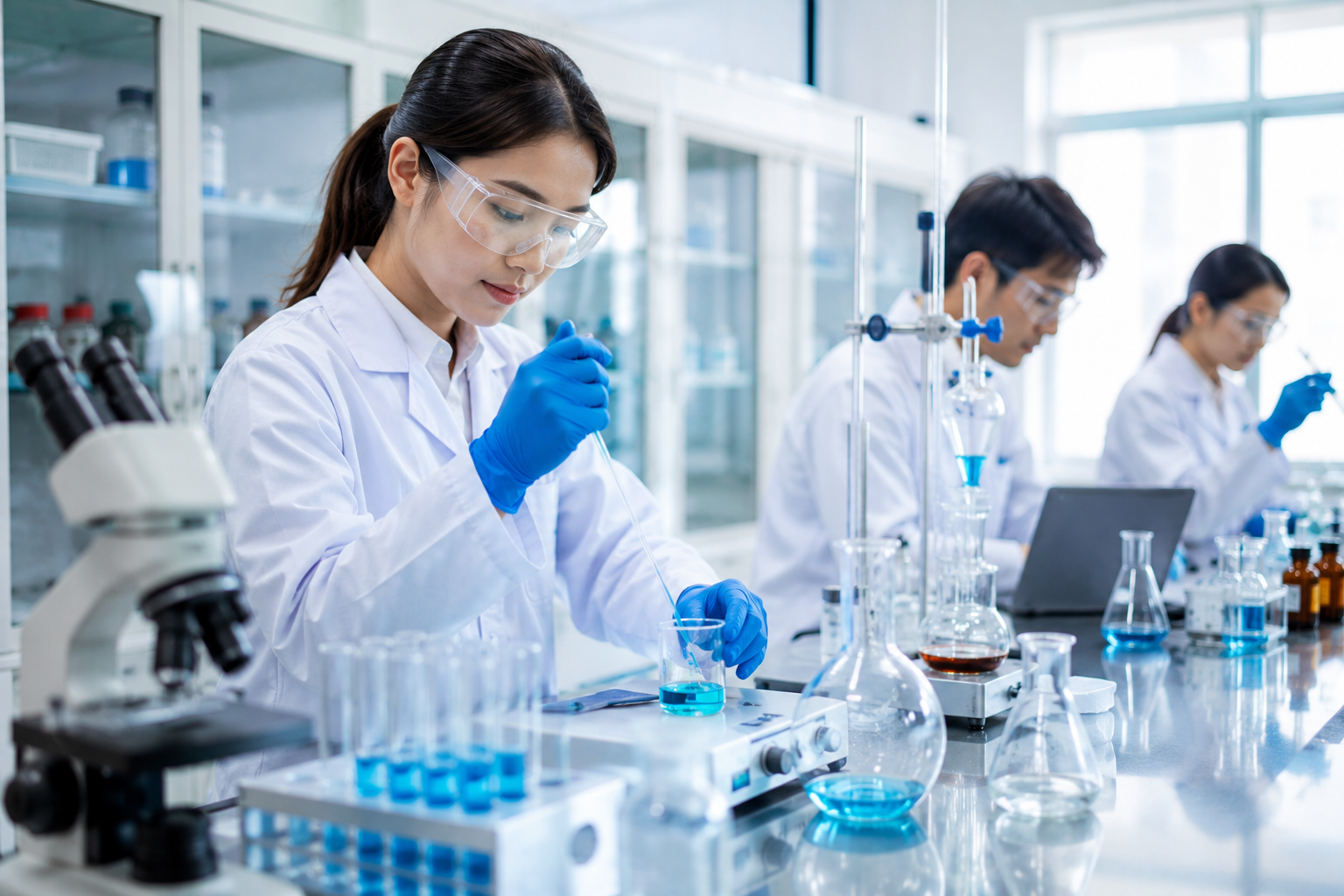 Mahasiswa Program Studi Farmasi melakukan praktikum di laboratorium modern menggunakan peralatan farmasi dan teknologi digital