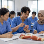 Mahasiswa kesehatan mengikuti perkuliahan dan praktikum laboratorium pada semester awal dengan dosen pembimbing di kampus