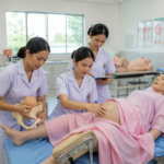 Laboratorium Kebidanan STIKES Istara menampilkan mahasiswa sedang berlatih pemeriksaan ibu hamil menggunakan manekin dan peralatan praktik kebidanan modern.