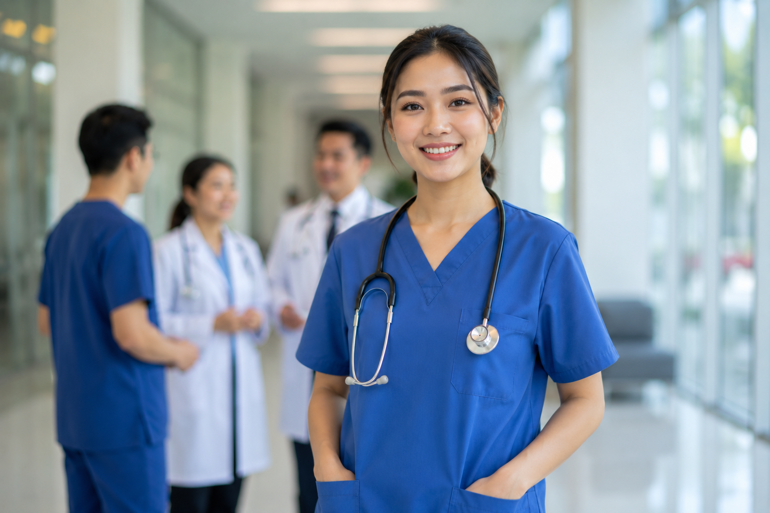 Mahasiswa Program Studi Bidang Kesehatan sedang melakukan praktikum di laboratorium modern dengan peralatan medis lengkap