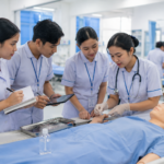 Strategi Belajar Praktikum saat mahasiswa kesehatan berlatih keterampilan klinis di laboratorium bersama dosen pembimbing.