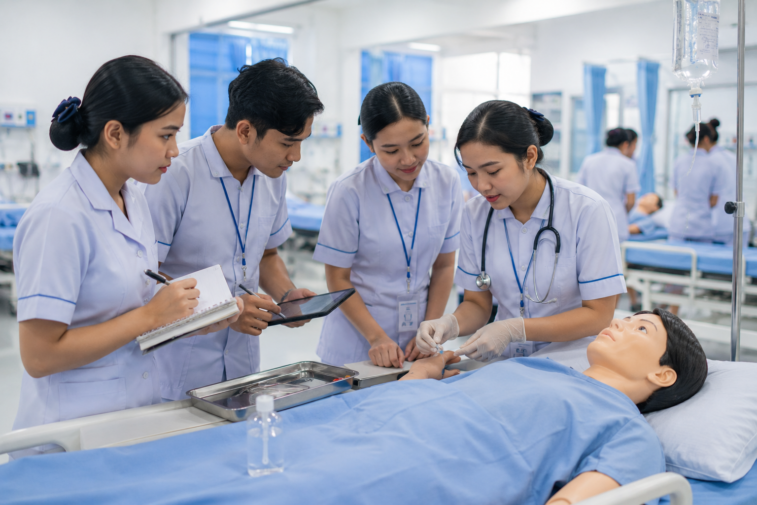 Strategi Belajar Praktikum saat mahasiswa kesehatan berlatih keterampilan klinis di laboratorium bersama dosen pembimbing.