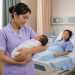 Lulusan Program Studi Kebidanan memberikan pelayanan kesehatan ibu dan bayi di fasilitas pelayanan kesehatan dengan didampingi tenaga medis profesional