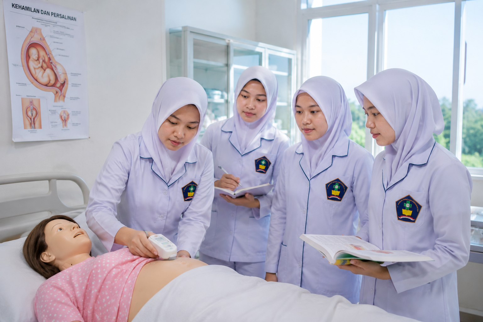 mahasiswa D3 Kebidanan mengikuti praktikum kebidanan di laboratorium kampus