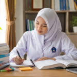 mahasiswa mempersiapkan kuliah di STIKES 2026 dengan belajar dan membawa perlengkapan akademik