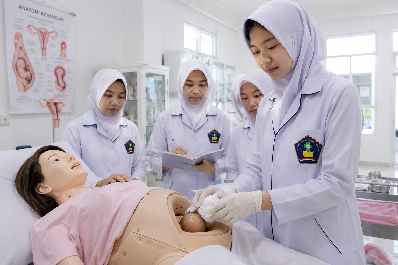 mahasiswa D3 Kebidanan mengikuti praktikum keterampilan kebidanan di laboratorium kampus