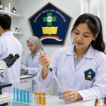 D3 Farmasi 2026 dengan mahasiswa melakukan praktikum kefarmasian di laboratorium