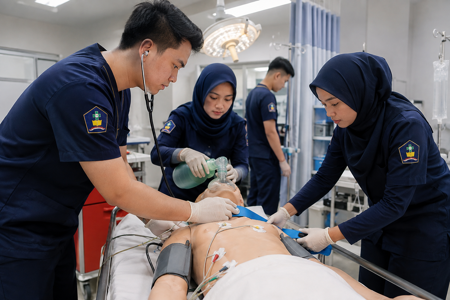 Mahasiswa keperawatan melakukan praktik penanganan pasien darurat di Ruang Simulasi IGD menggunakan manekin medis dan peralatan kesehatan lengkap.