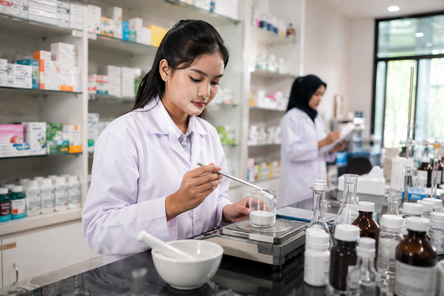 Mahasiswa D3 Farmasi STIKES Istara mengikuti praktikum di laboratorium farmasi