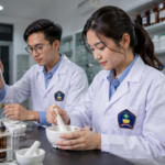 D3 Farmasi vs S1 Farmasi dengan mahasiswa mempelajari ilmu kefarmasian di laboratorium